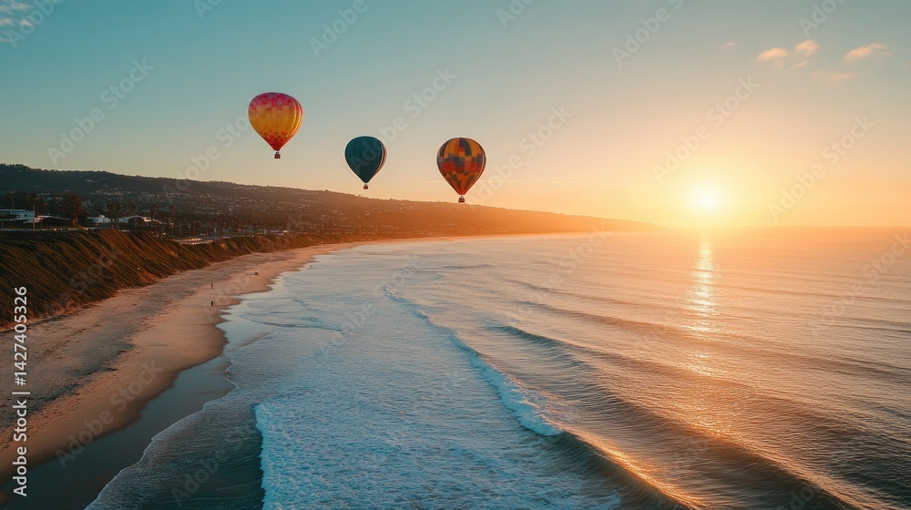 Sunset Hot Air Balloons Over Coastal Beach Paradise