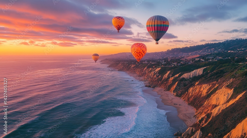 Sunset Hot Air Balloons Soaring Over Coastal Cliffs
