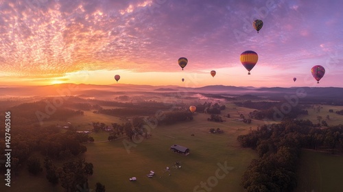 Obraz na płótnie Sunrise Hot Air Balloons Over Scenic Countryside w salonie