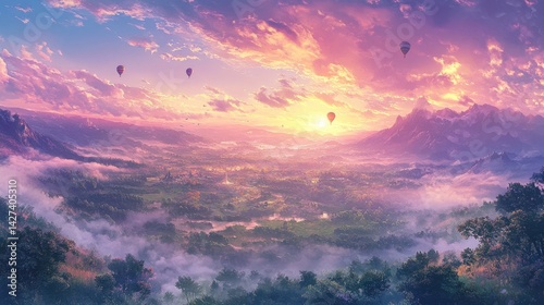 Obraz na płótnie Serene Sunset over Misty Mountains and Hot Air Balloons w salonie