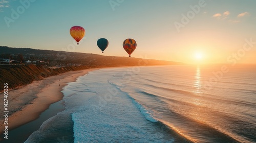 Obraz na płótnie Sunset Hot Air Balloons Over Coastal Beach Paradise w salonie