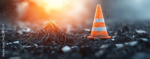 A construction site with an orange traffic cone and roots on the ground, symbolizing disruption. photo