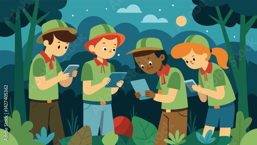 A group of scouts participate in a geocaching activity using their GPS devices and teamwork to navigate and find hidden clues and treasures in the. Vector illustration