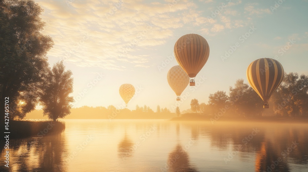 Serene Sunrise Hot Air Balloon Flight Over Misty Lake