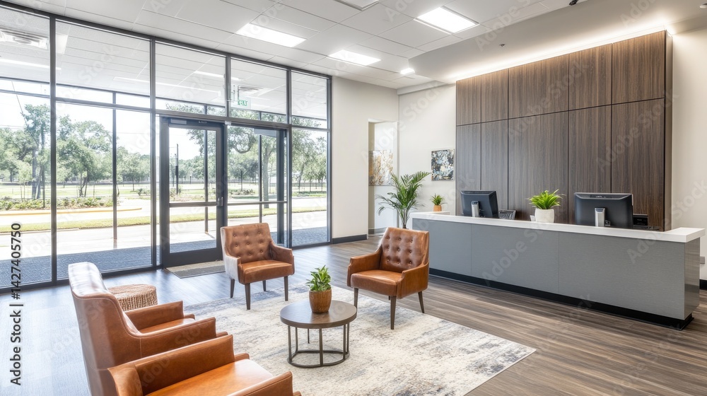 Modern Office Lobby with Natural Light and Comfortable Seating