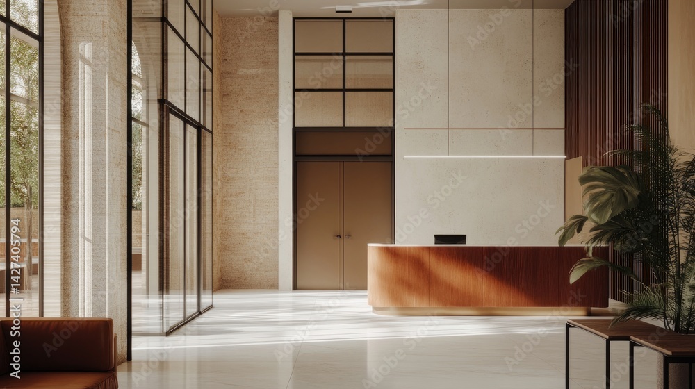 Modern Minimalist Lobby Interior Design with Warm Lighting and Natural Elements