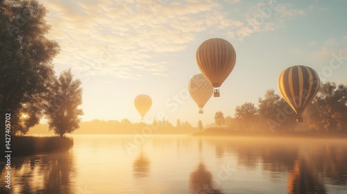 Obraz na płótnie Serene Sunrise Hot Air Balloon Flight Over Misty Lake w salonie
