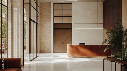 Obraz na płótnie Modern Minimalist Lobby Interior Design with Warm Lighting and Natural Elements w salonie