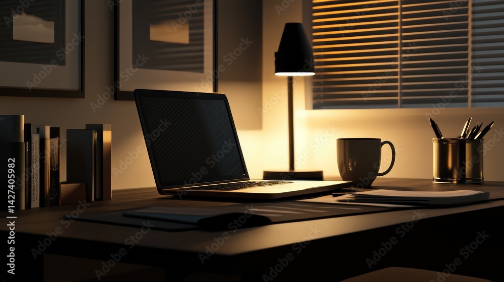 Nighttime Workspace: Laptop, Desk Lamp, and Cozy Ambiance