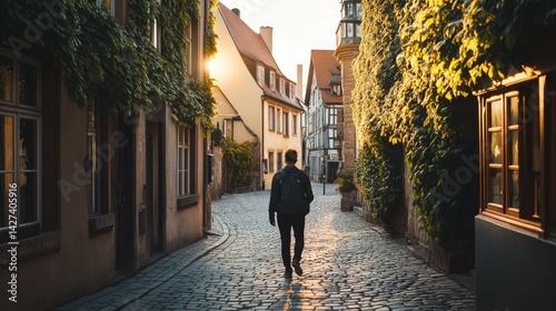 Golden Hour Stroll: A solitary figure walks down a picturesque cobblestone street bathed in the warm glow of the setting sun, surrounded by charming European architecture and lush greenery.