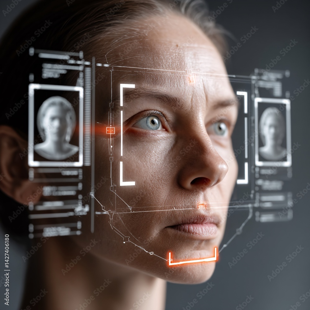 Portrait of a Woman with Futuristic Facial Recognition Technology Displaying Data on Screen