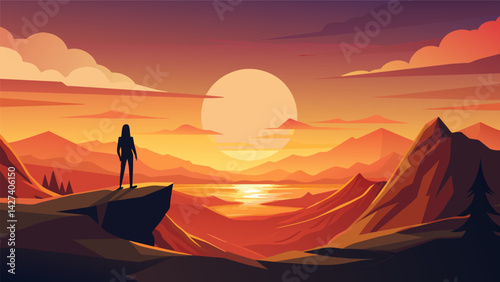 A person standing on a bluff looking out at a golden sunset over a vast landscape and finding solace in the beauty and vastness of the natural world.. Vector illustration