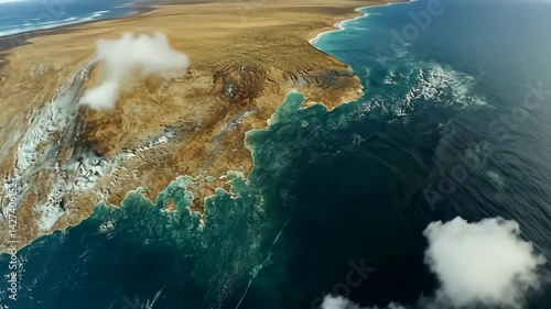High aerial view of an arid brown landscape with turquoise ocean water and white clouds forming a unique earth texture.