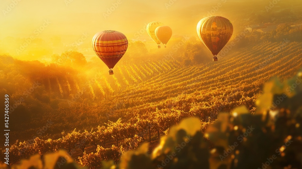 Golden Hour Hot Air Balloons Soaring Over Vineyard