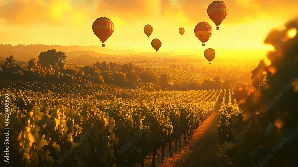 Golden Hour Hot Air Balloons Soaring Over Vineyards