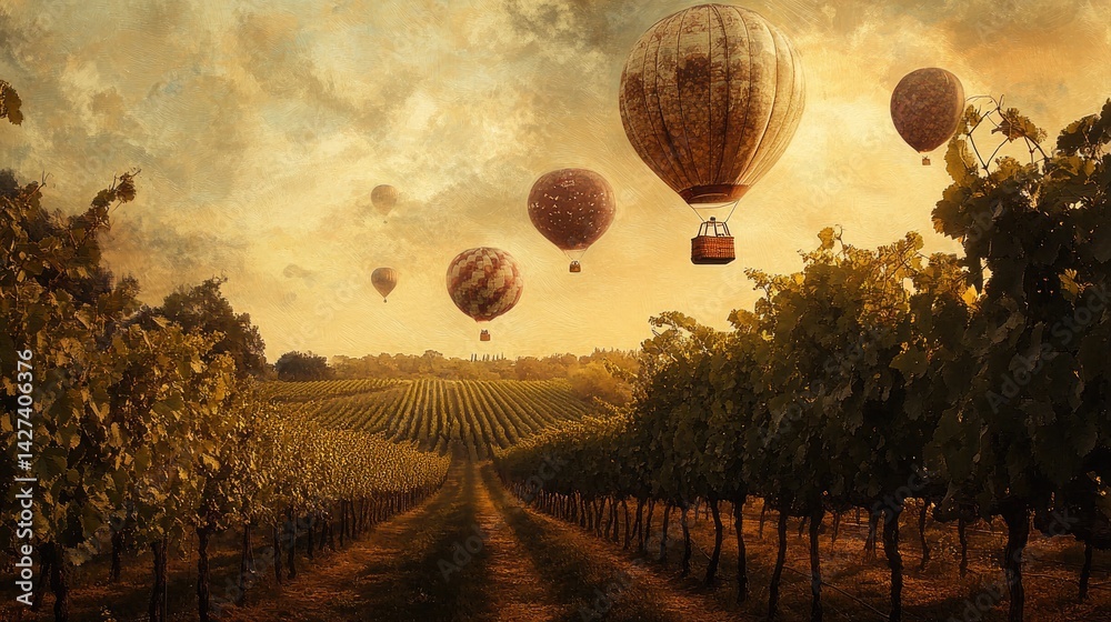 Vintage Hot Air Balloons Soaring Over a Picturesque Vineyard