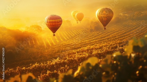 Obraz na płótnie Golden Hour Hot Air Balloons Soaring Over Vineyard w salonie