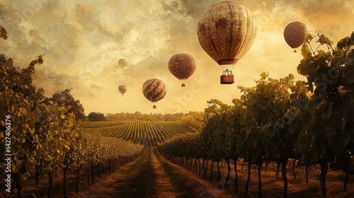 Obraz na płótnie Vintage Hot Air Balloons Soaring Over a Picturesque Vineyard w salonie