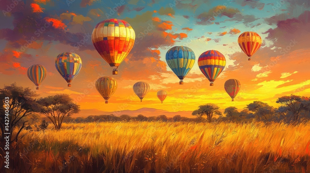 Sunset Hot Air Balloons Over Golden Savannah