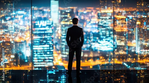 Night City Skyline: A Businessman's Contemplative View