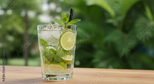 Refreshing drink with lime and mint garnish on a wooden surface