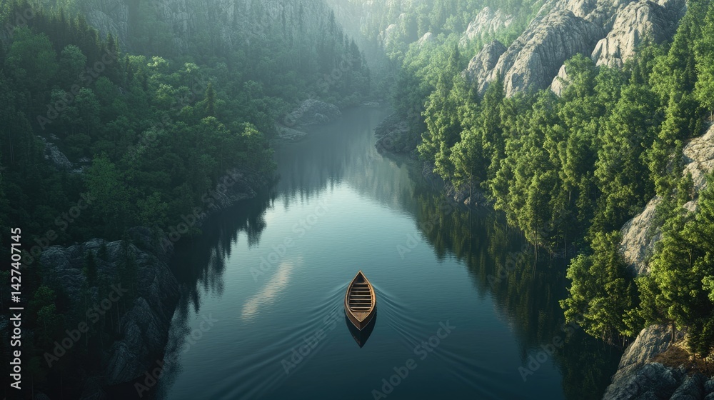 Serene River Journey: A Wooden Boat Navigates a Picturesque River Valley