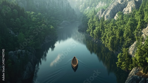 Obraz na płótnie Serene River Journey: A Wooden Boat Navigates a Picturesque River Valley w salonie