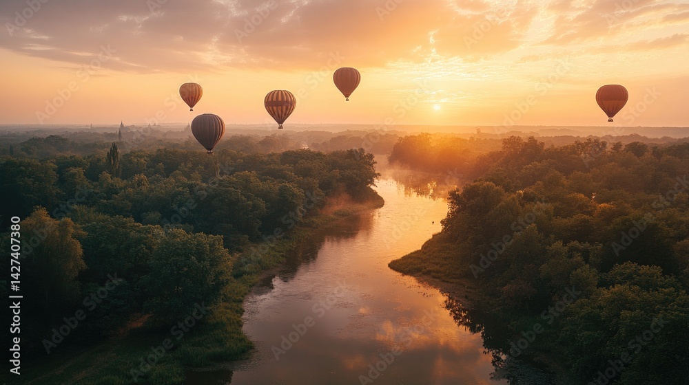 Sunrise Hot Air Balloons Over Serene River Landscape