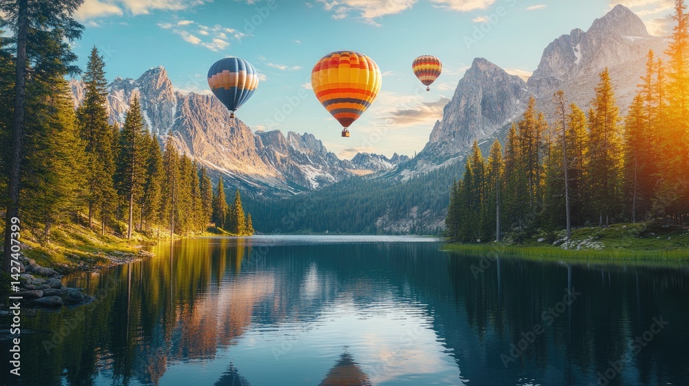 Serene Mountain Lake with Hot Air Balloons