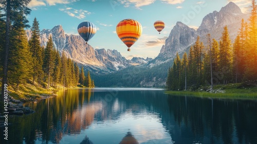 Obraz na płótnie Serene Mountain Lake with Hot Air Balloons w salonie