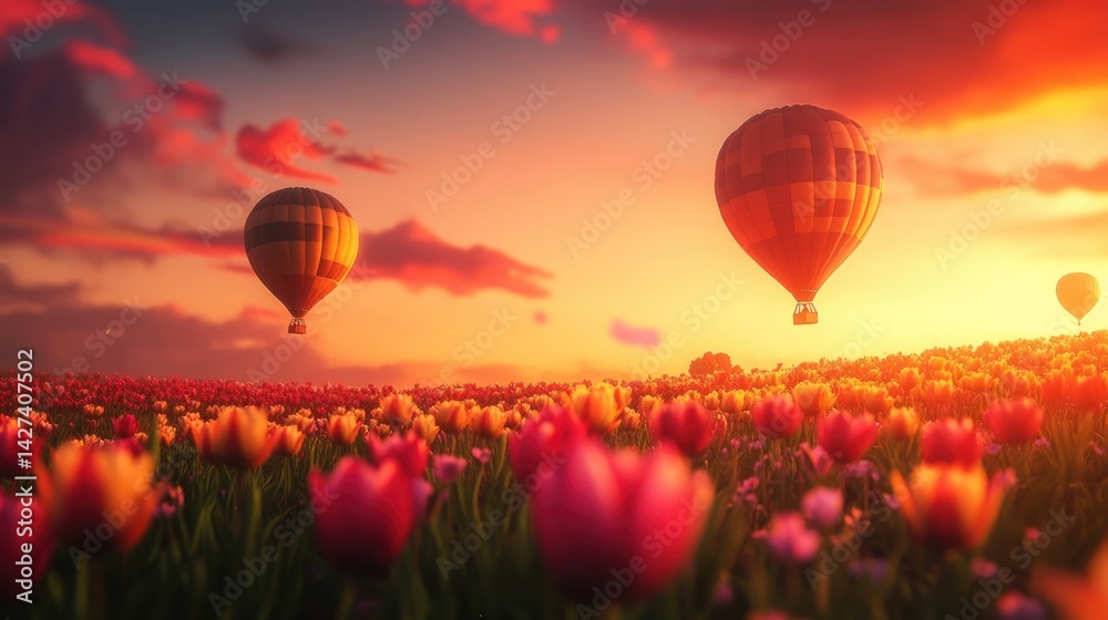 Sunset Hot Air Balloons over Tulip Field