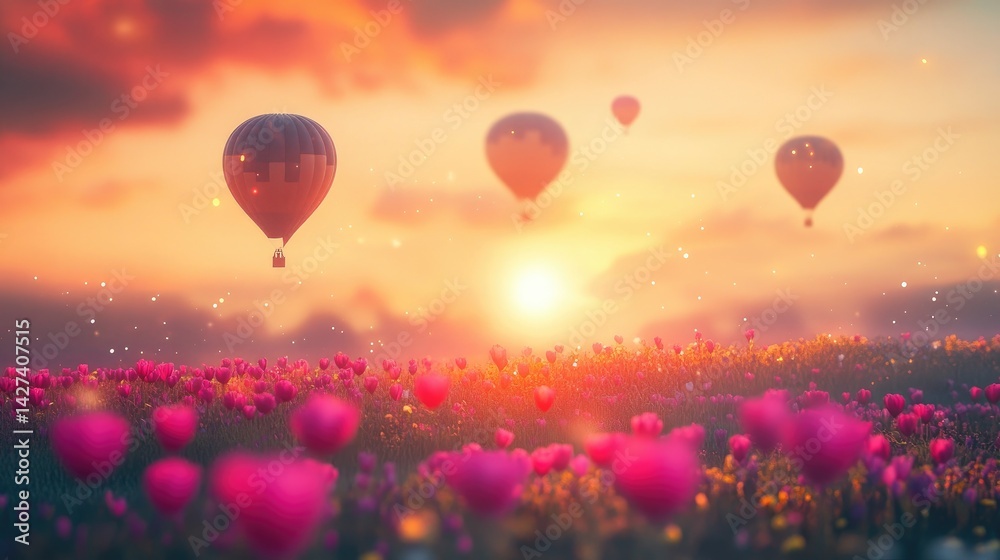 Sunset Hot Air Balloons over a Vibrant Tulip Field