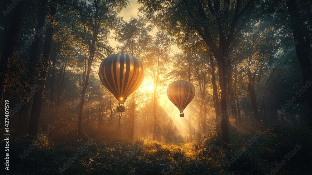 Sunrise Hot Air Balloons in Misty Forest