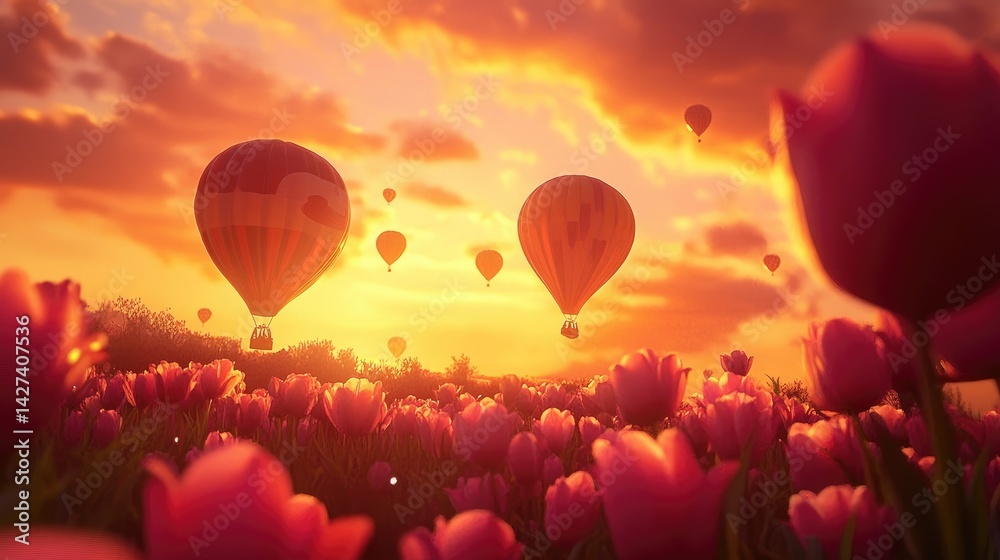 Hot Air Balloons Soaring Over a Vibrant Tulip Field at Sunset