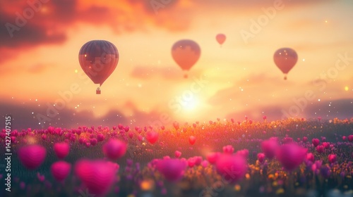 Obraz na płótnie Sunset Hot Air Balloons over a Vibrant Tulip Field w salonie