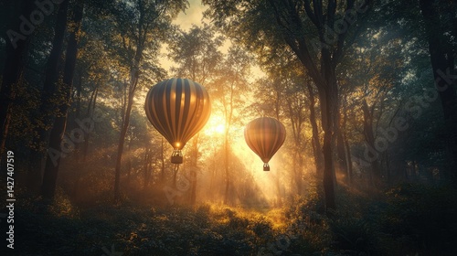 Sunrise Hot Air Balloons in Misty Forest