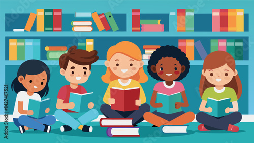A group of kids sitting together in a library all on their educational social networks actively participating in a book club and discussing their. Vector illustration