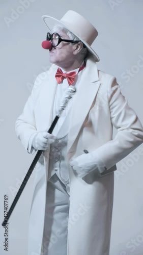 Vertical video of dancing clown. An elderly man in a white coat and hat with walking stick.
