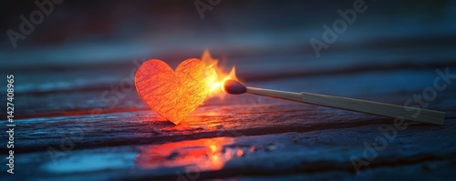 Quadro su tela A glowing heart made of fire, symbolizing love and passion on a wooden surface