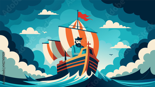 Amidst the chaos of the tempestuous sea the stoic ship stood tall propelled forward by its captains unwavering discipline.. Vector illustration