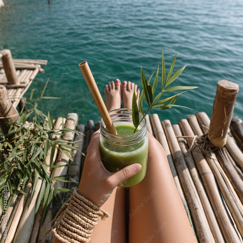 Refreshing Green Smoothie Enjoyed by Barefoot Woman in Serene Waterfront Setting