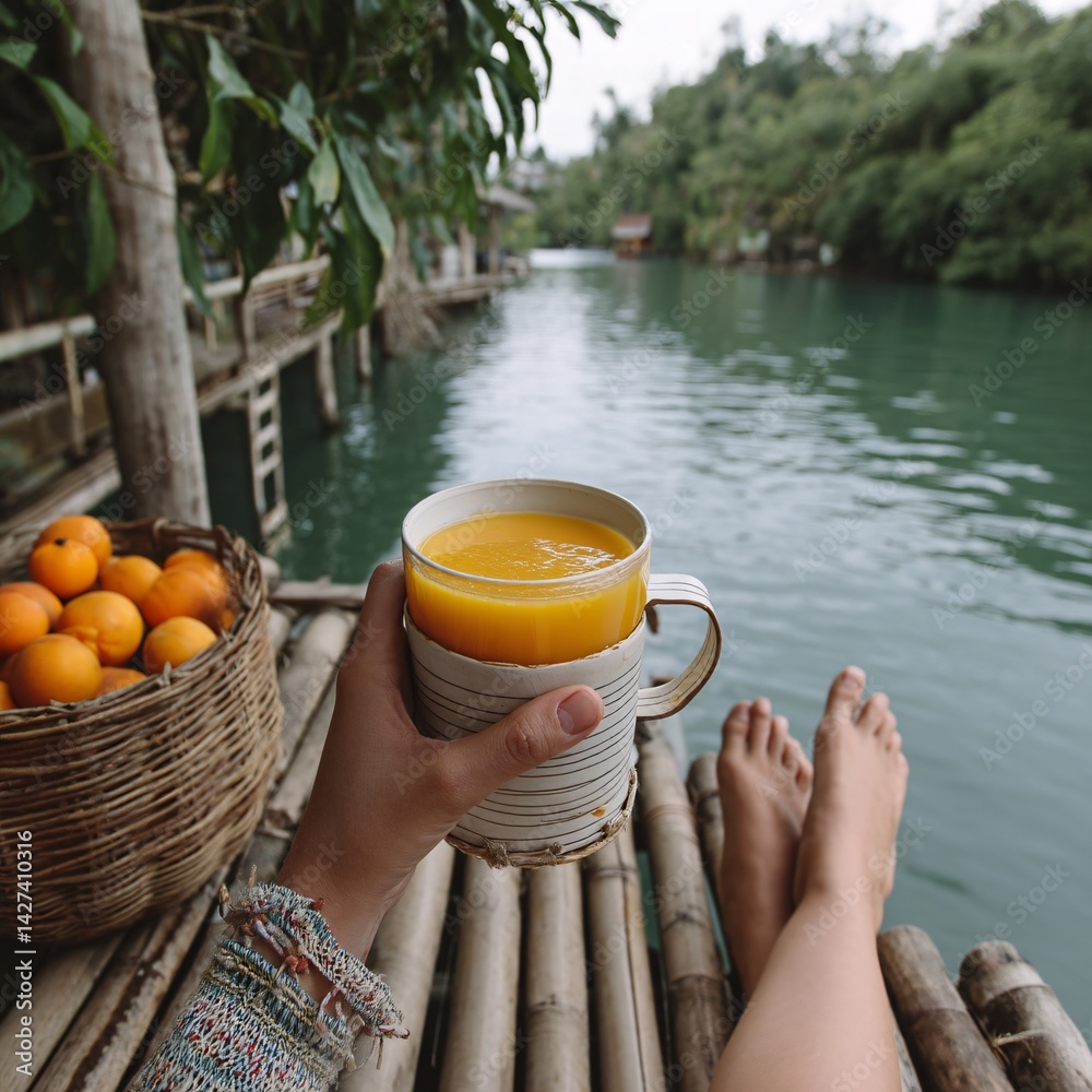 Refreshing Summer Drink on a Tranquil Riverbank with Tropical Fruits in the Background