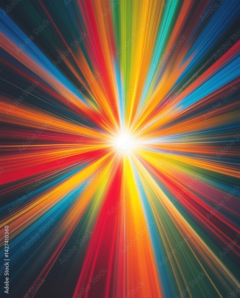 Explosive burst of multicolored light beams radiating from a central white point, creating a dynamic and energetic abstract background full of motion and vibrancy
Explosive burst of multicolored light beams radiating from a central white point, creating a dynamic and energetic abstract background full of motion and vibrancy