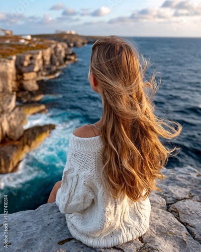Serene Woman with Long Hair Sitting on a Cliff Overlooking the Sea at Sunset