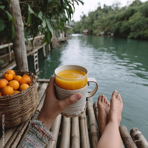 Obraz na płótnie Refreshing Summer Drink on a Tranquil Riverbank with Tropical Fruits in the Background w salonie