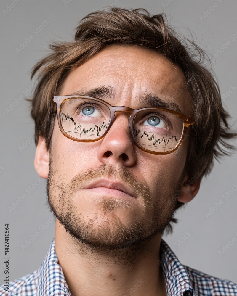 Young Man with Stylish Glasses and Chart Reflection Looking Upward in Thoughtful Pose