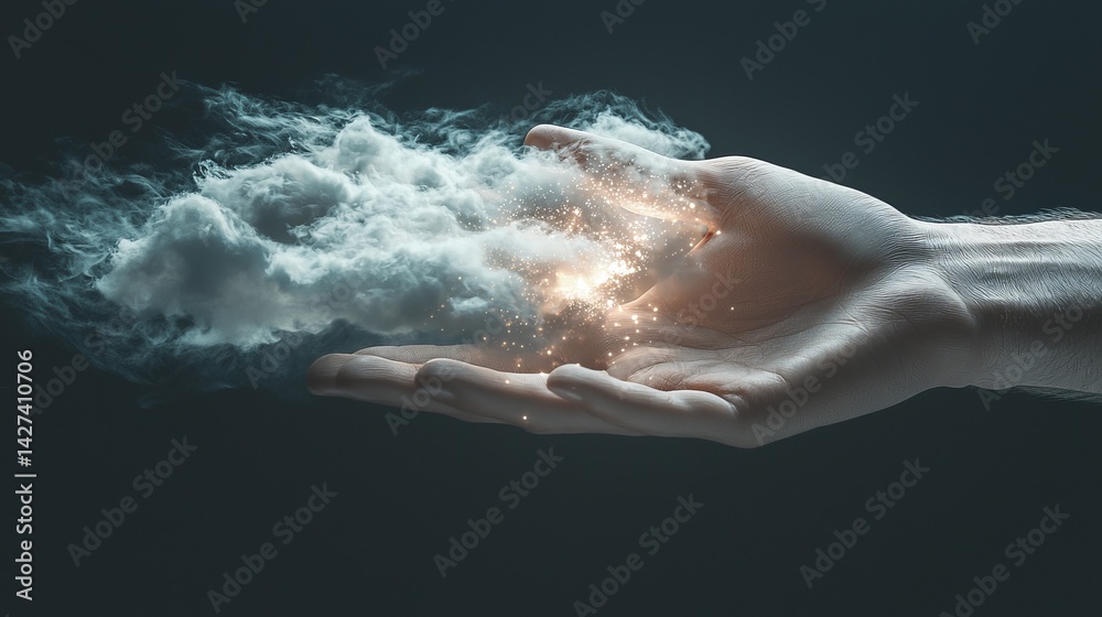 A hand releasing clouds of creativity and inspiration into the universe. A hand releasing clouds of creativity and inspiration into the universe.