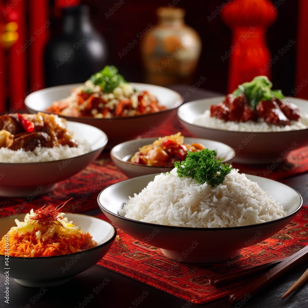 Colorful Array of Asian Dishes with Steamed Rice and Fresh Herbs in Elegant Bowls Set Against a Rich Background for Culinary Delight Colorful Array of Asian Dishes with Steamed Rice and Fresh Herbs in Elegant Bowls Set Against a Rich Background for Culinary Delight