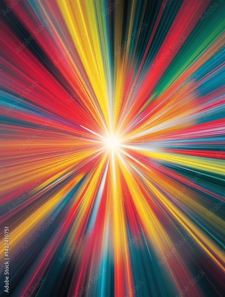 Explosive burst of multicolored light beams radiating from a central white point, creating a dynamic and energetic abstract background full of motion and vibrancy
Explosive burst of multicolored light beams radiating from a central white point, creating a dynamic and energetic abstract background full of motion and vibrancy