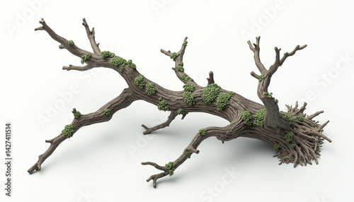 A sculpture of a tree branch covered in green moss.